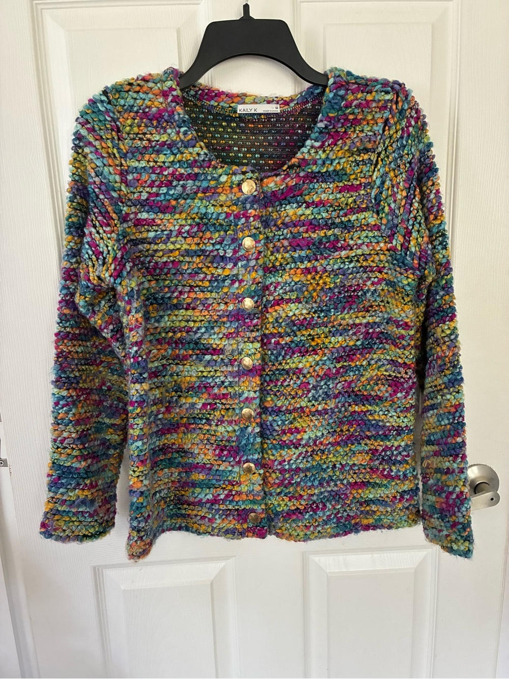 Kaily K Multicolor Chunky Textured Knit Cardigan Gold Buttons Size M